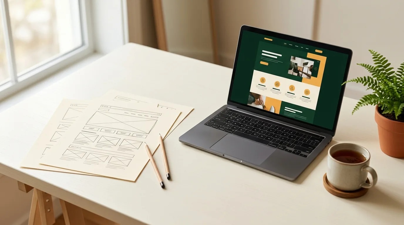 A design desk with pencil wireframe sketches next to a laptop showing the finished website
